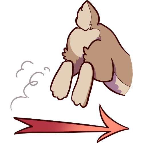 the haunches and back legs of a tan rabbit with a cream underbelly and tail in mid-leap. a trail of dust puffs out behind the rabbit, and a red arrow points to the right, implying the direction the rabbit is going